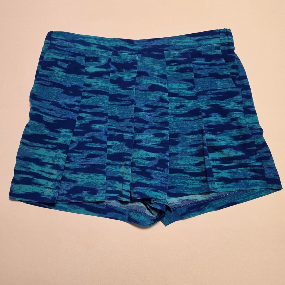 Willi Smith Abstract Brushstroke Print Pleated Front Blue Teal Shorts Size 8